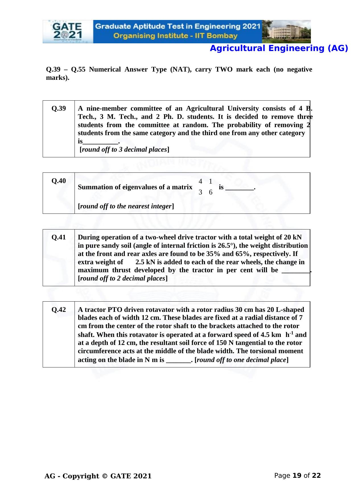 GATE 2021 Agricultural Engineering (AG) Question Paper - Page 19