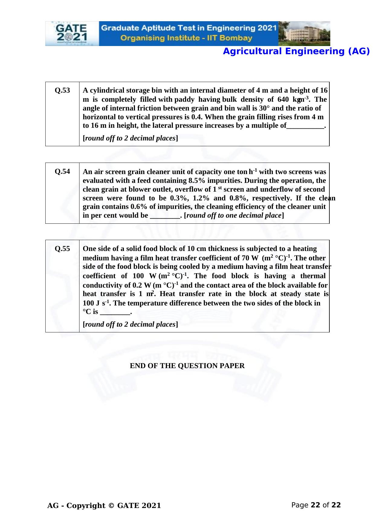 GATE 2021 Agricultural Engineering (AG) Question Paper - Page 22