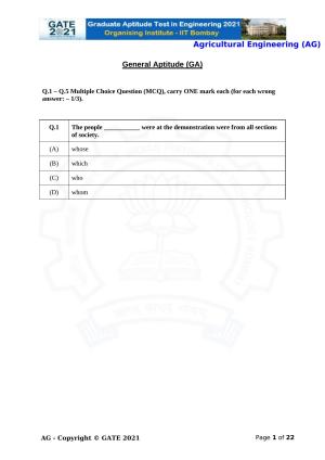 GATE 2021 Agricultural Engineering (AG) Question Paper
