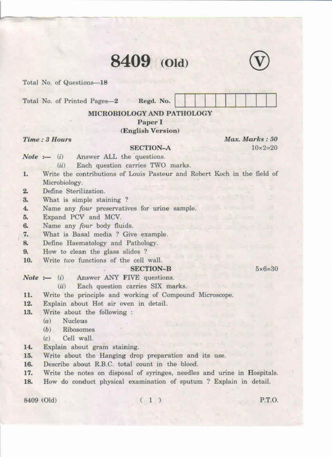 AP Inter 1st Year Microbiology and Pathology-I (Old) May-2019-Vocational Question Paper - Page 1