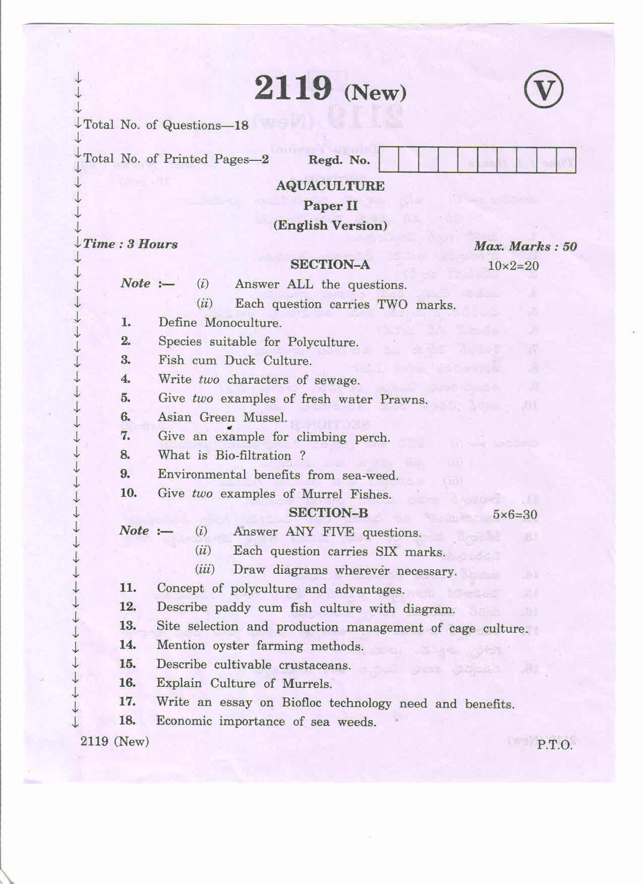 AP Inter 2nd Year Vocational Question Paper March - 2020 - Aqua Culture - II (new) - Page 1