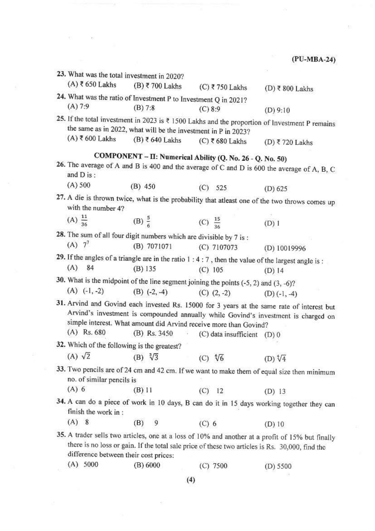PU USOL MBA Entrance Exam 2024 Question Booklet - Page 5