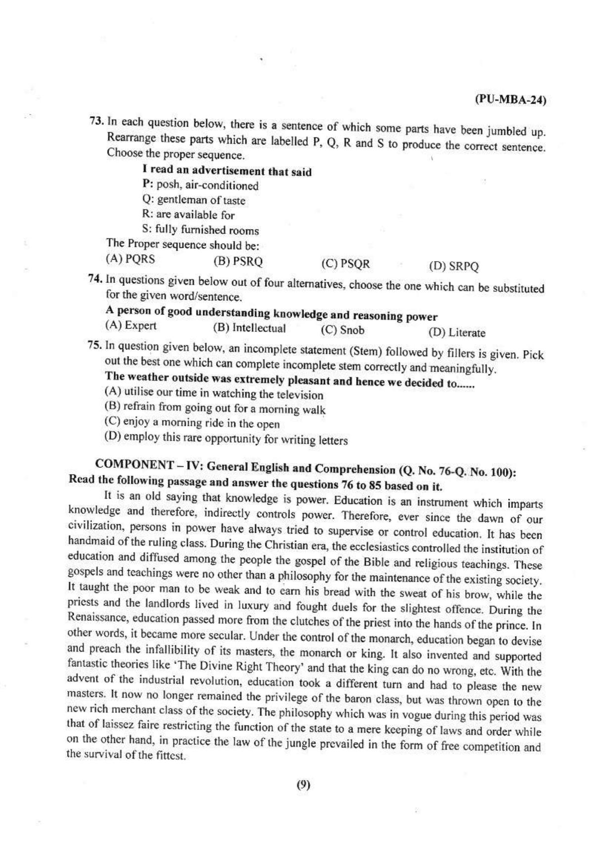 PU USOL MBA Entrance Exam 2024 Question Booklet - Page 10