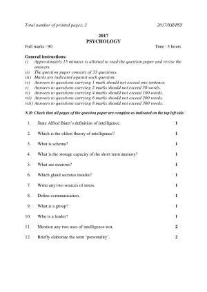 Nagaland Board Class 12 PSYCHOLOGY 2017 Question Papers