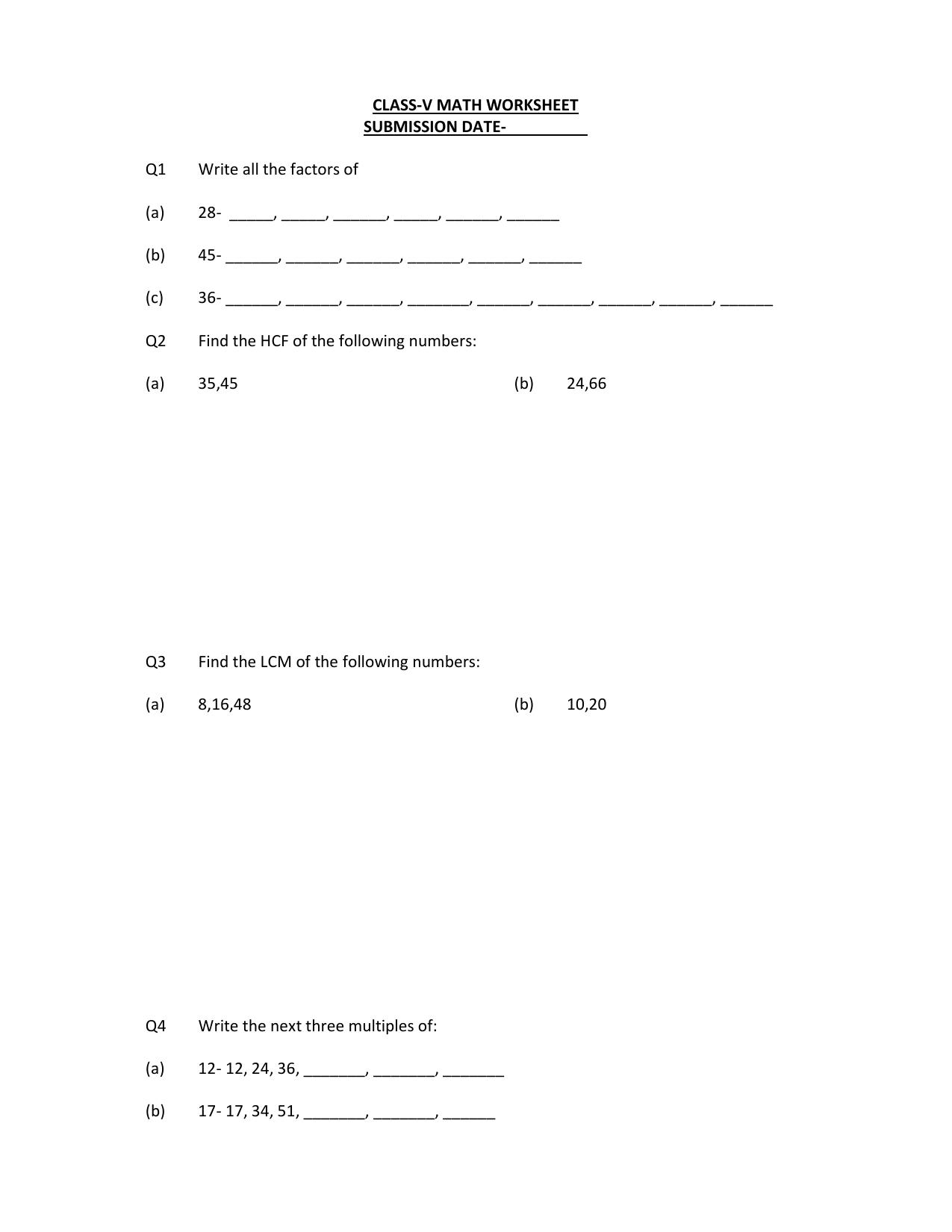 Worksheet for Class 5 Maths Factors Assignment 1 - Page 1