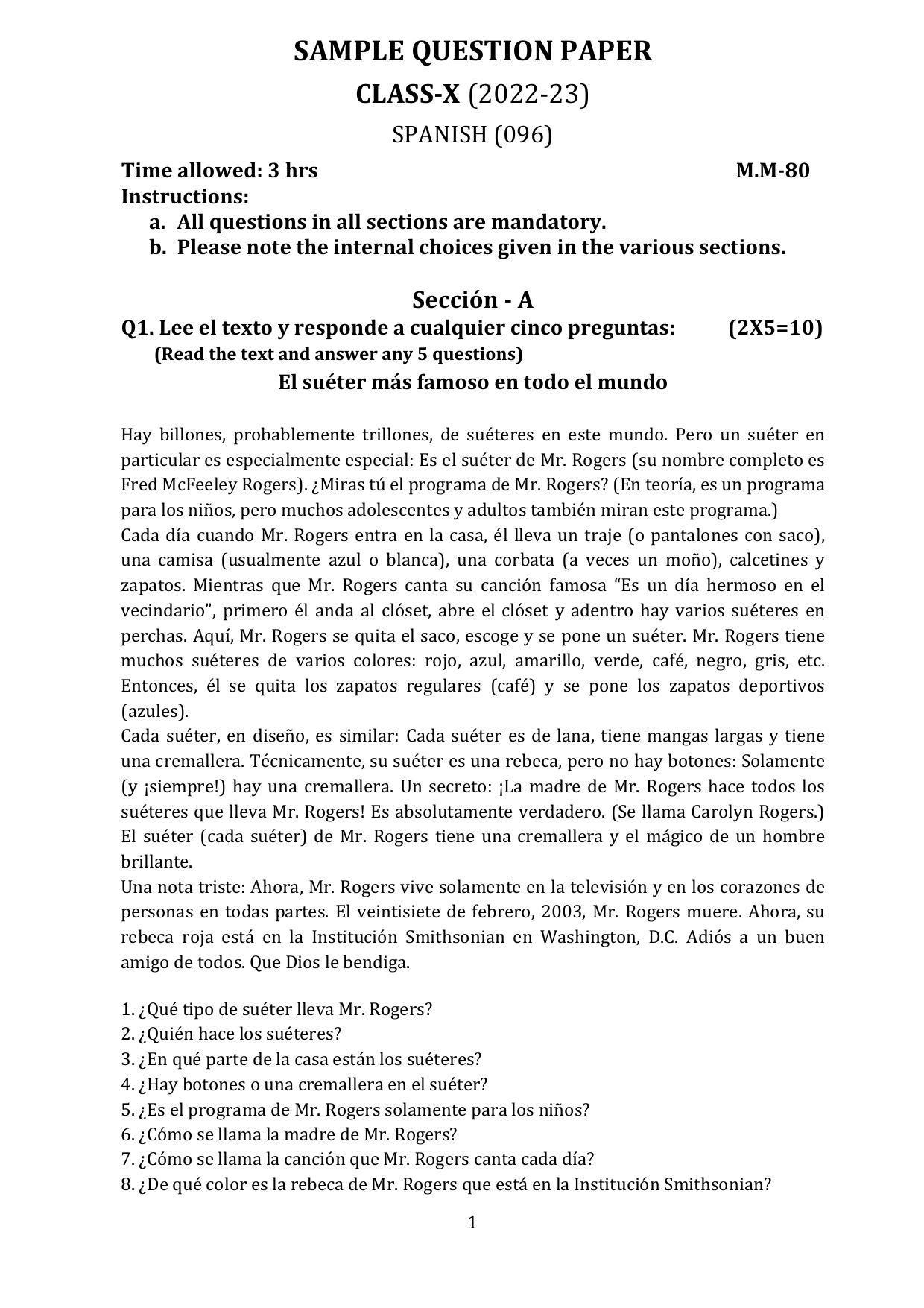 CBSE Class 10 Spanish Sample Papers 2023 - Page 1