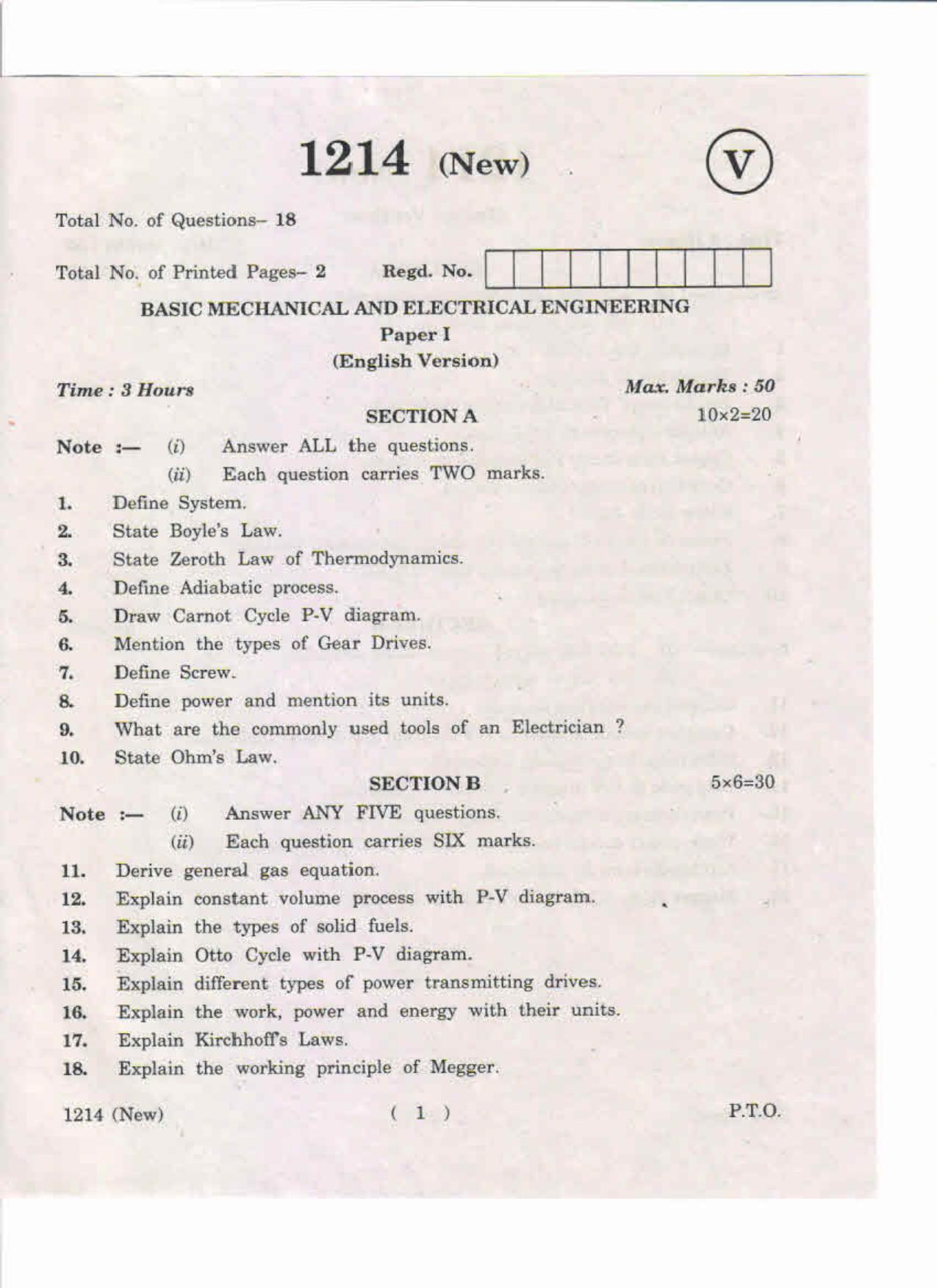 AP Inter 1st Year Basic Mechanical and Electrical Engineering-I (New) May-2019-Vocational Question Paper - Page 1