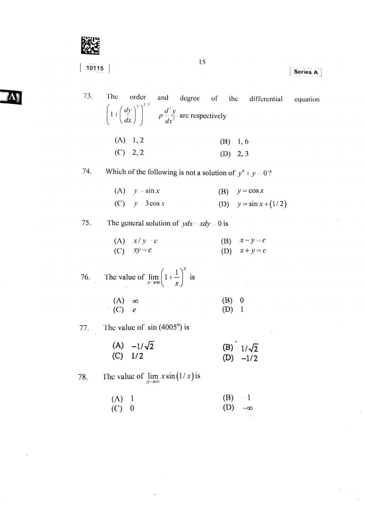 CUSAT CAT 2015 Mathematics, Physics & Chemistry Question Paper - Page 16