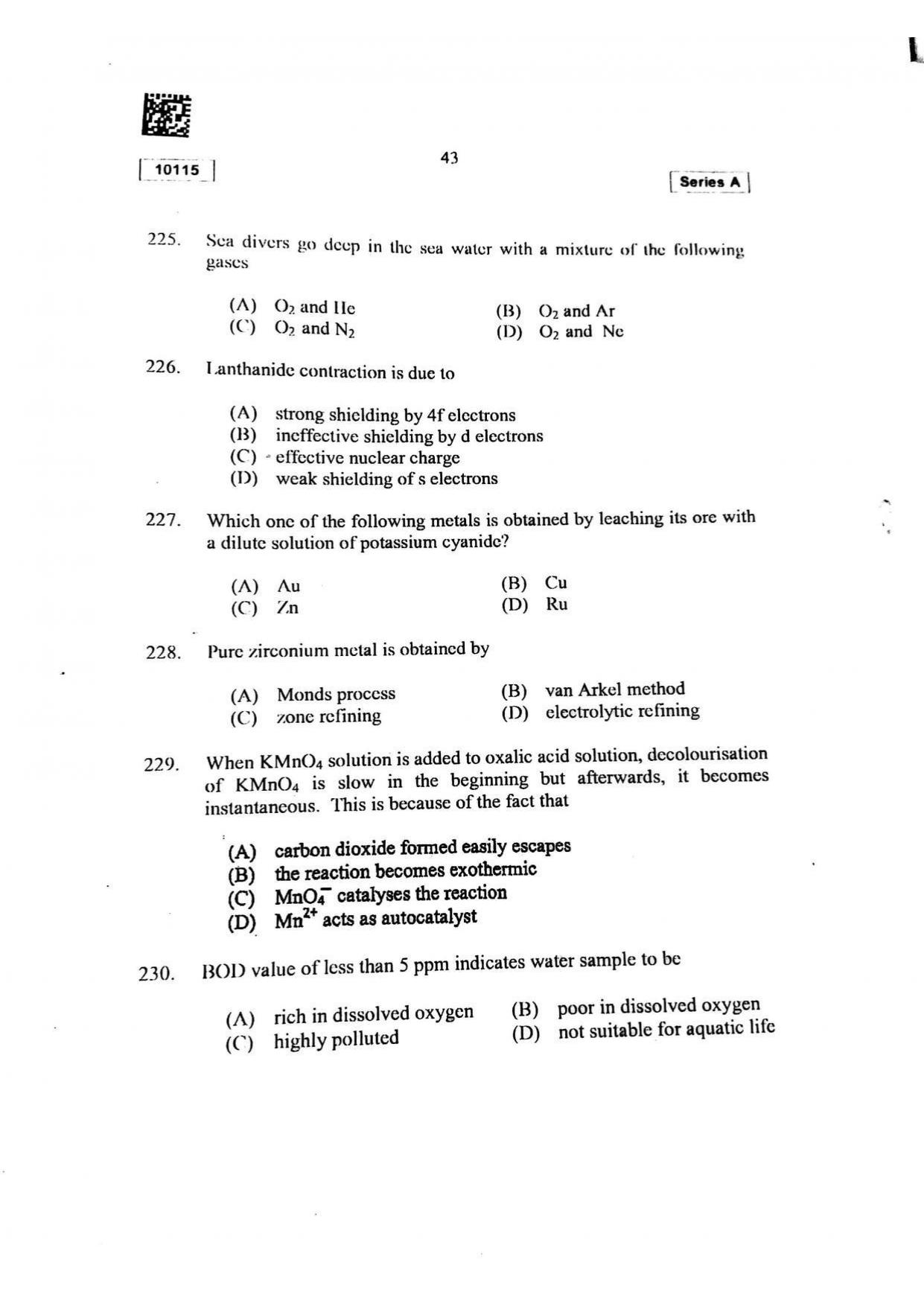 CUSAT CAT 2015 Mathematics, Physics & Chemistry Question Paper - Page 44