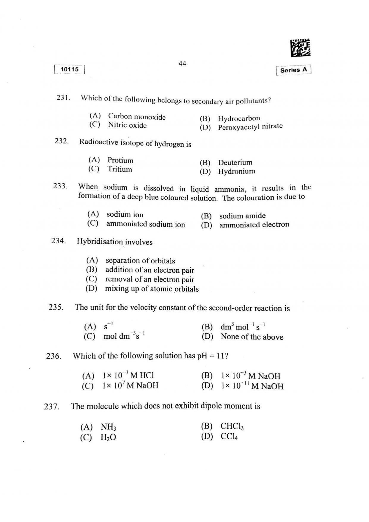 CUSAT CAT 2015 Mathematics, Physics & Chemistry Question Paper - Page 45