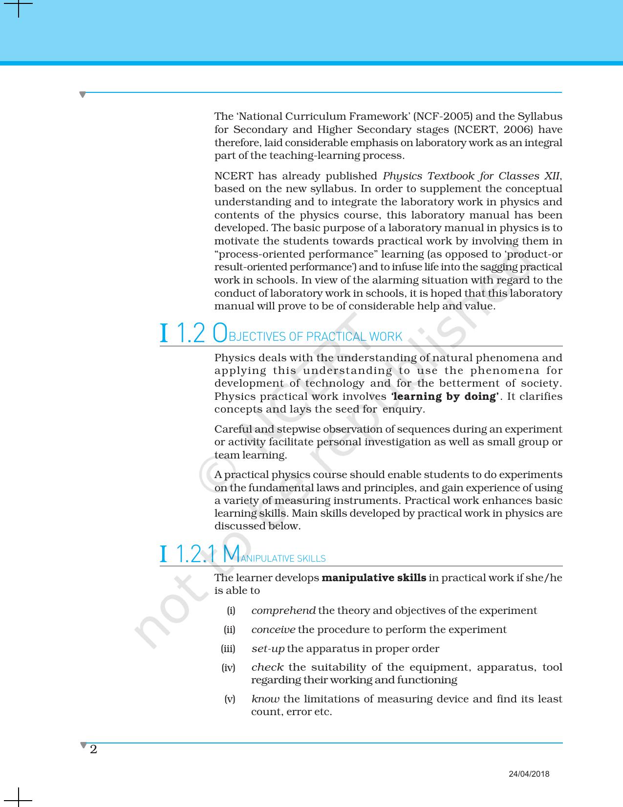 NCERT Laboratory Manuals for Class XII Physics - Introduction to Major skills in Physics practical work - Page 2