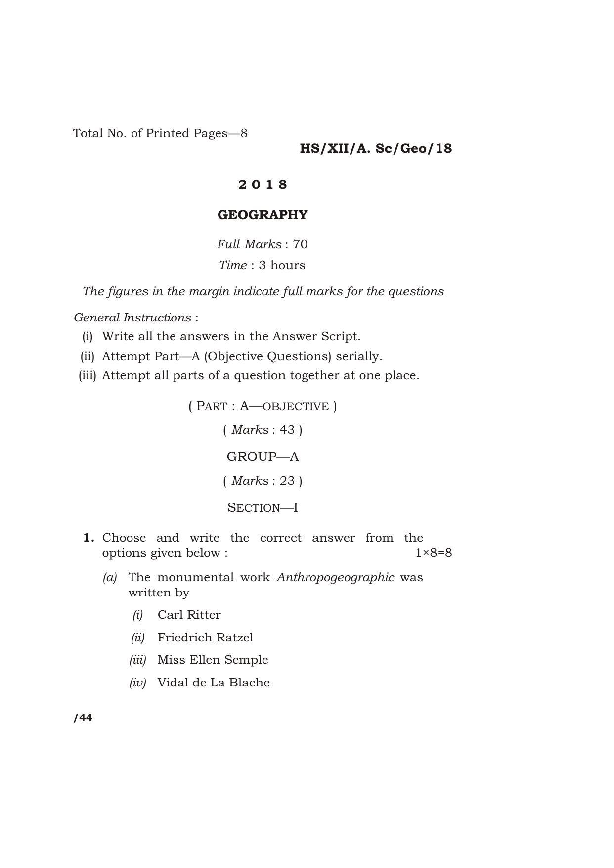 Meghalaya Board (MBOSE) Class 12 GEOGRAPHY 2018 Question Paper - Page 1