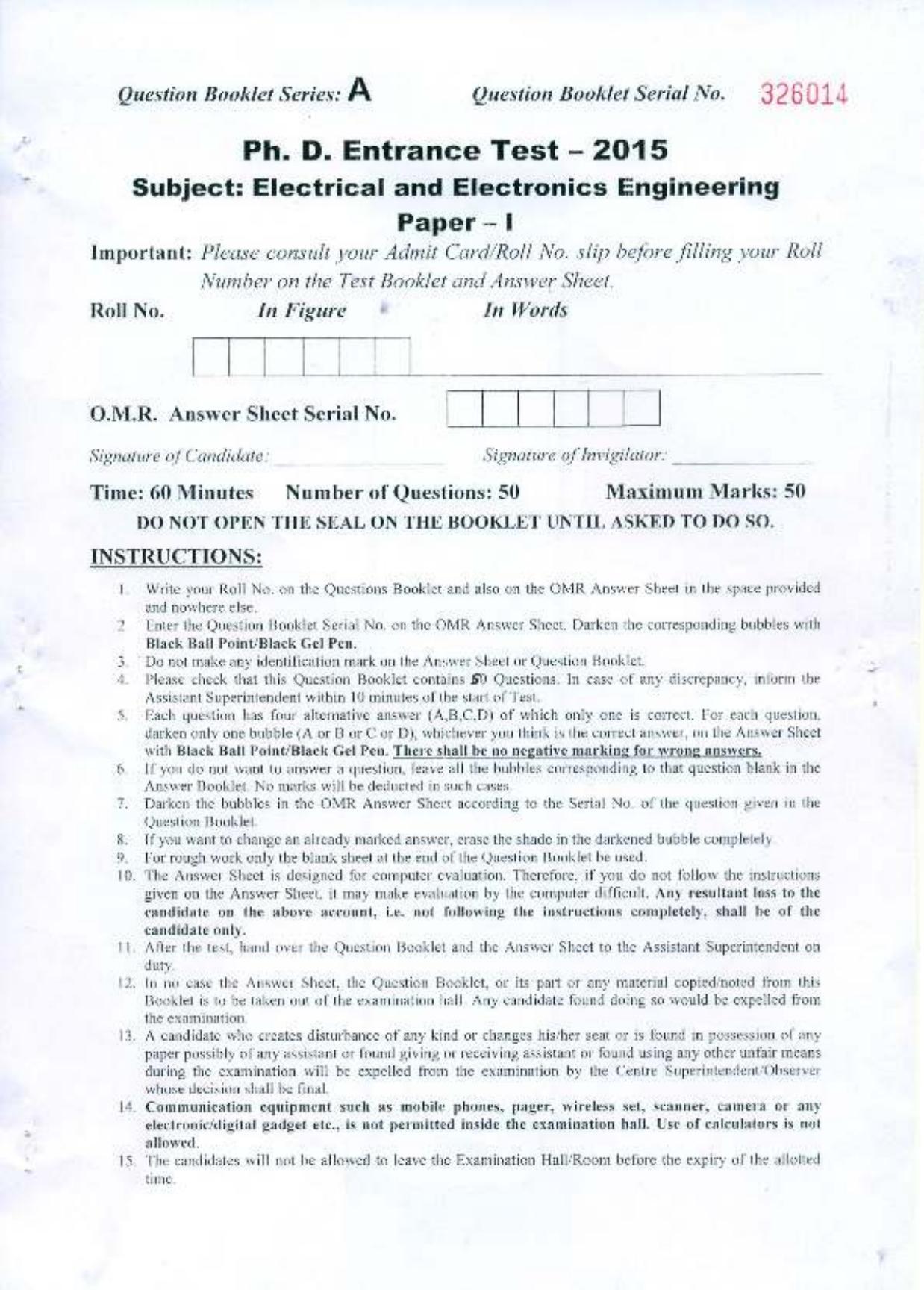 PU MPET Electrical and Electronics Engineering 2015 Question Paper - Page 1