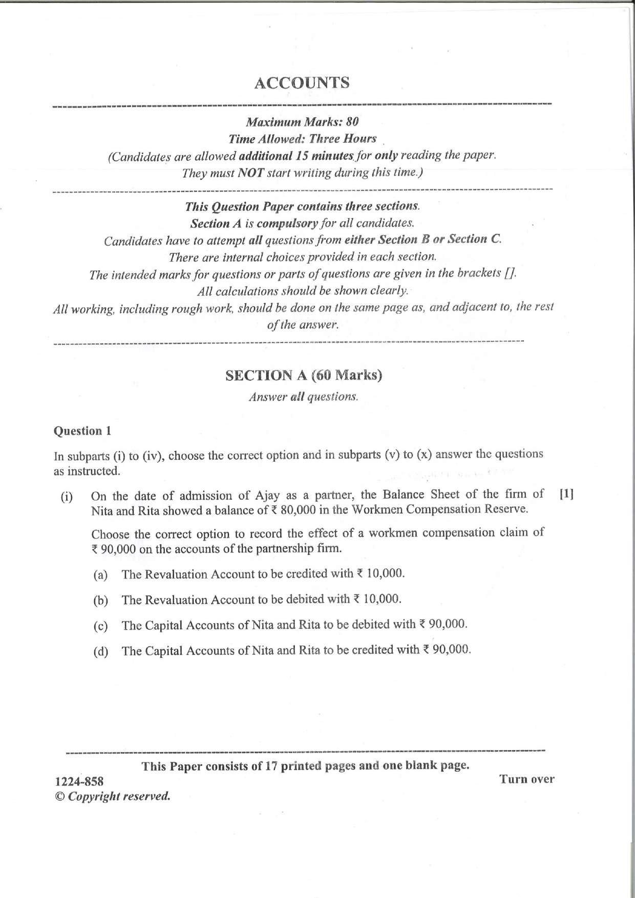 ISC Class 12 Accounts 2024 Question Paper - Page 1
