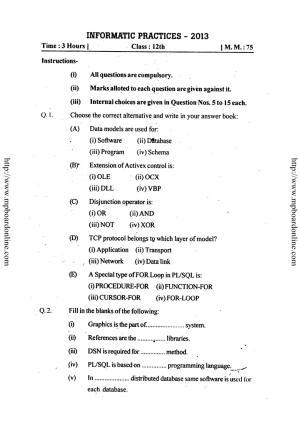 MP Board Class 12 Informatics Practices (English Medium) 2013 Question Paper