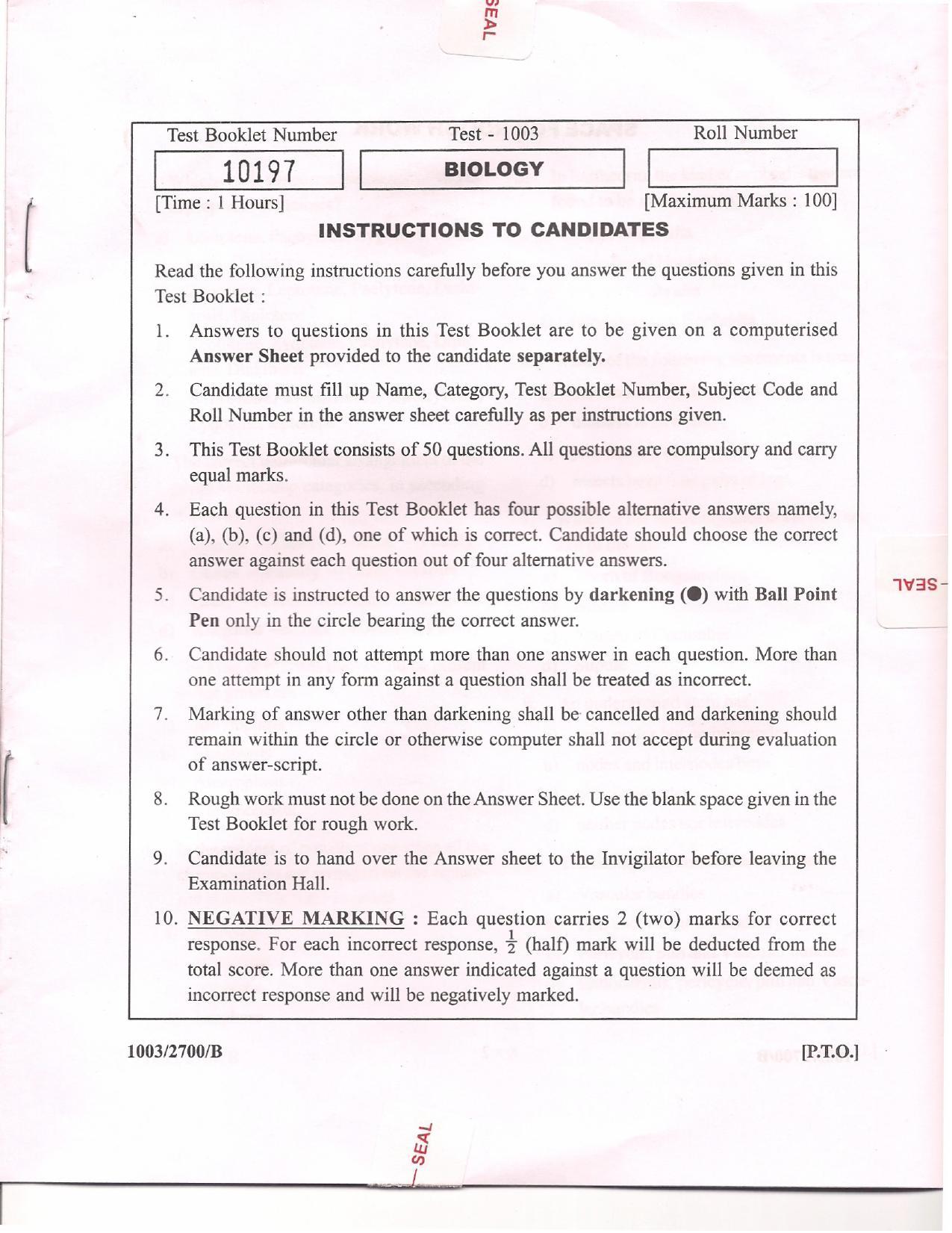APJEE Biology 2010 Question Paper - Page 1