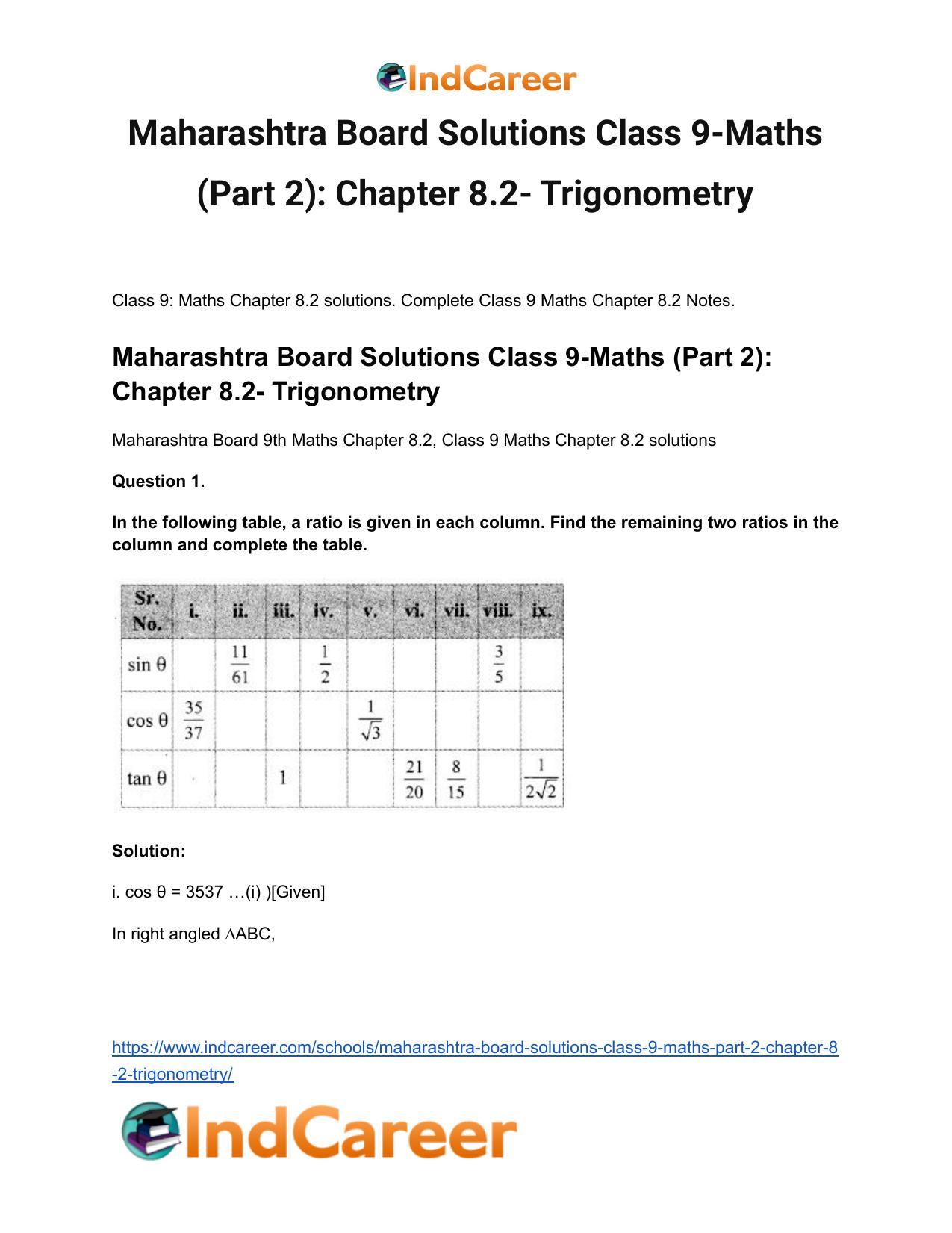 Maharashtra Board Solutions Class 9-Maths (Part 2): Chapter 8.2- Trigonometry - Page 2