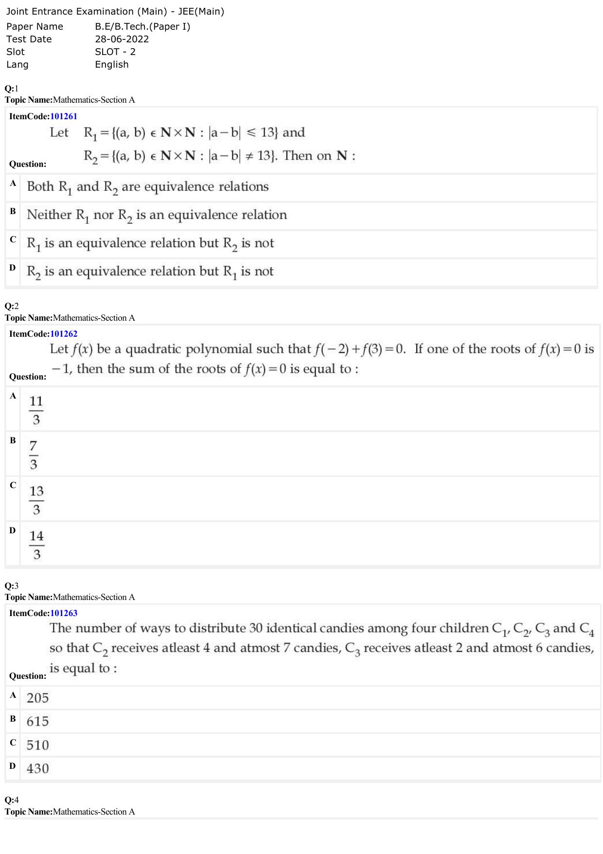 JEE Mains 2022: BTech English (Shift 2) 28-06-2022 Question Paper - Page 1
