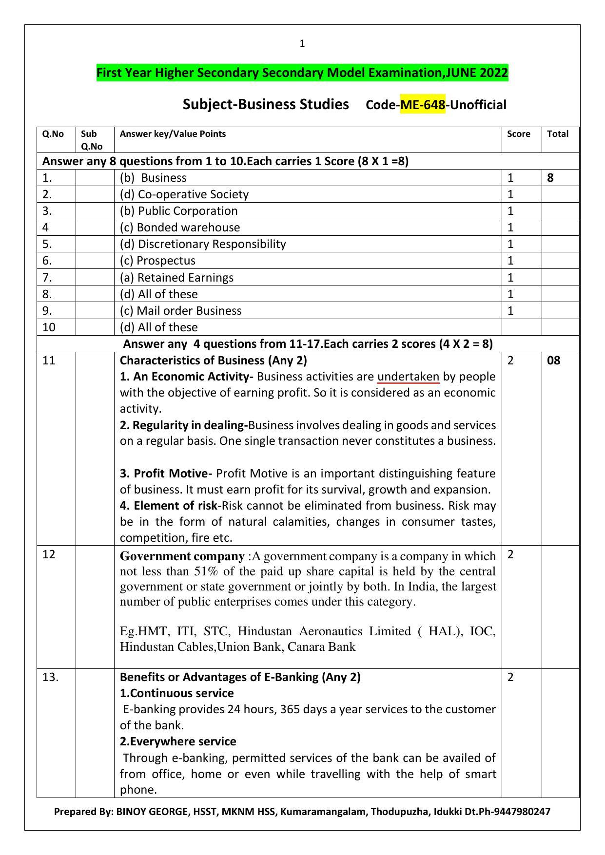 Kerala Plus One 2022 Business Studies Answer Key (Model) - Page 1