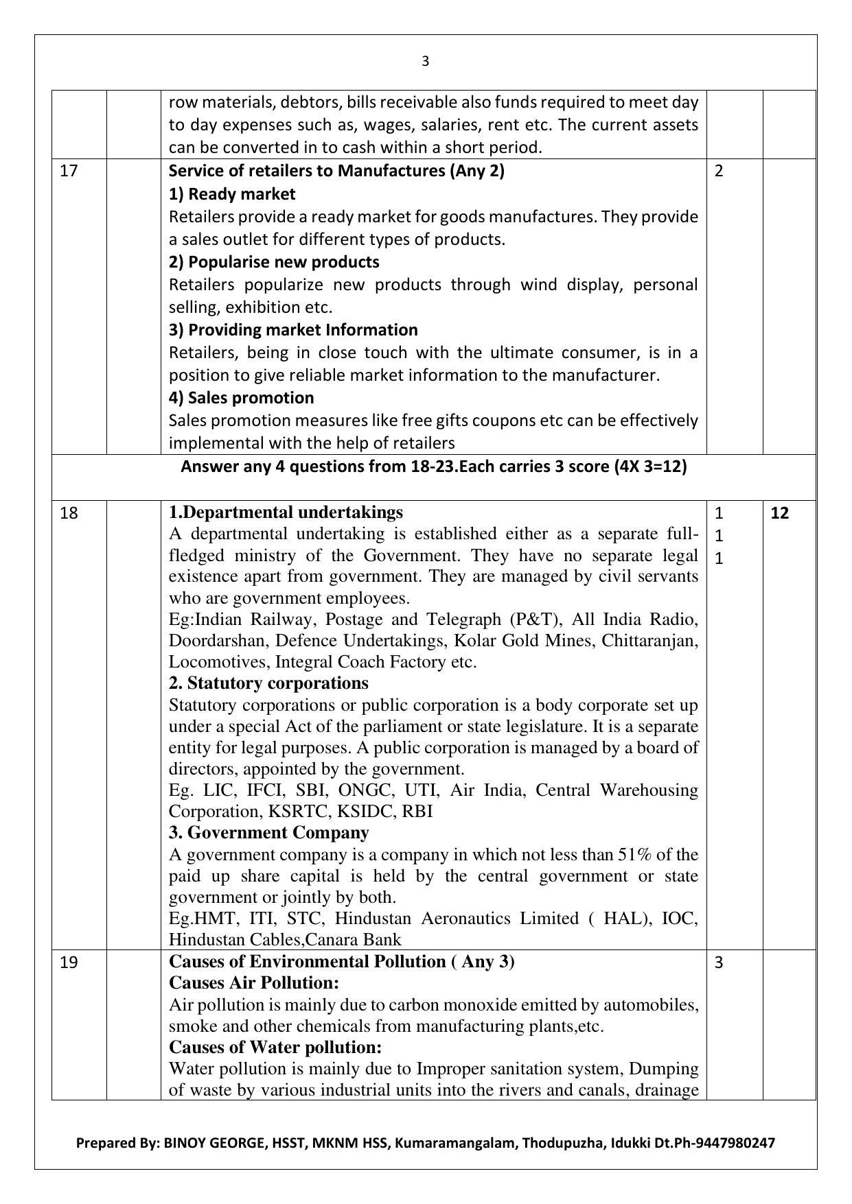 Kerala Plus One 2022 Business Studies Answer Key (Model) - Page 3