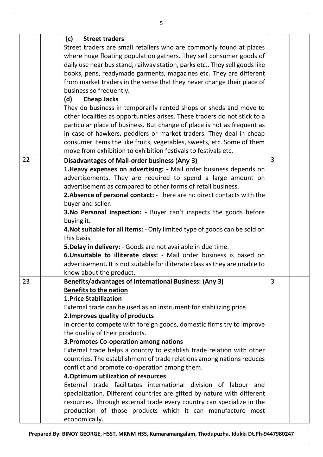 Kerala Plus One 2022 Business Studies Answer Key (Model) - Page 5
