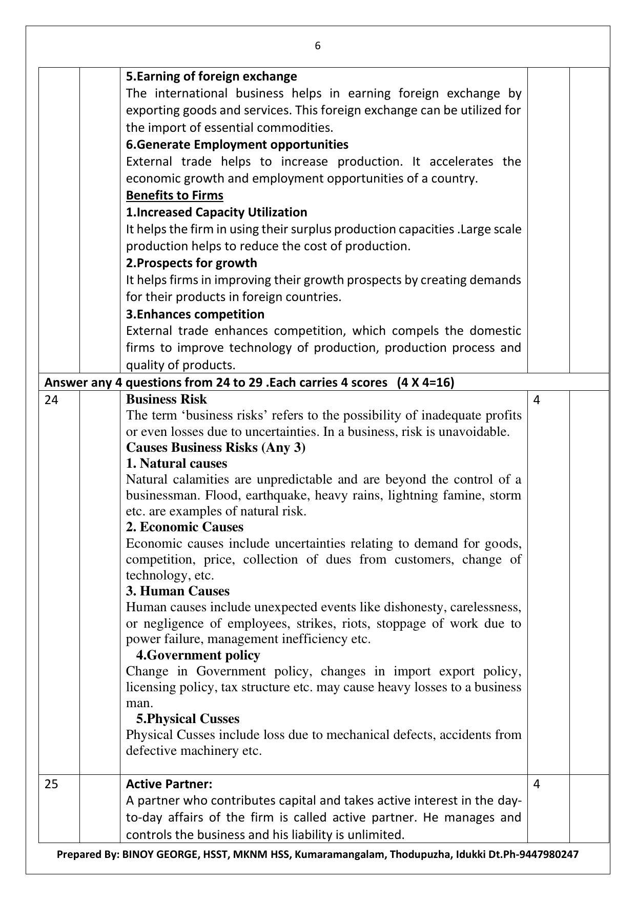 Kerala Plus One 2022 Business Studies Answer Key (Model) - Page 6
