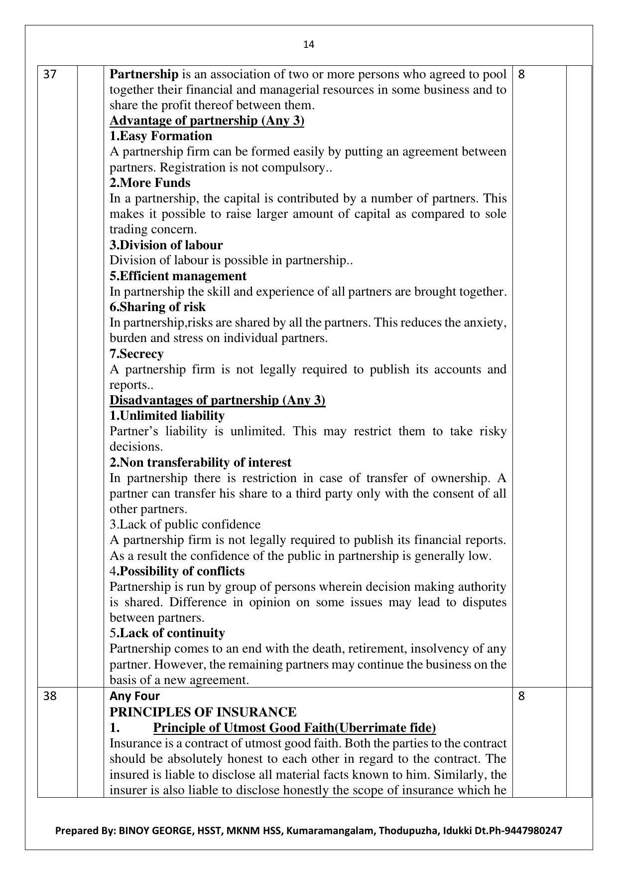 Kerala Plus One 2022 Business Studies Answer Key (Model) - Page 14