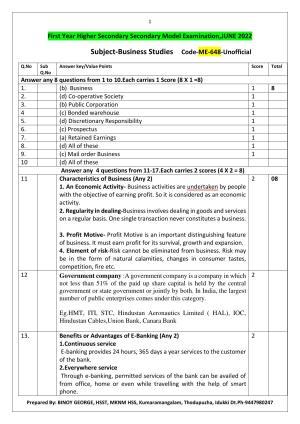 Kerala Plus One 2022 Business Studies Answer Key (Model)