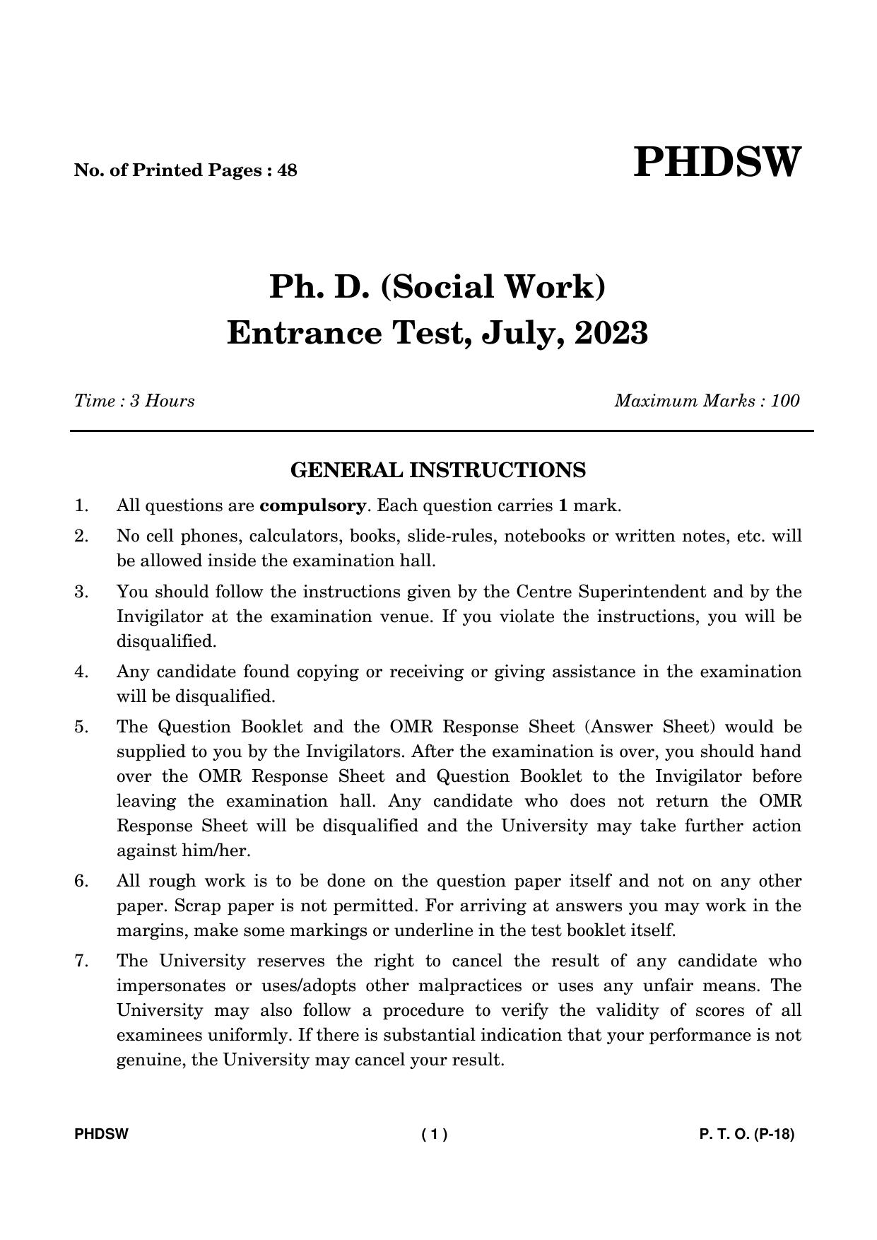 IGNOU PhD Entrance Test Ph. D. (Social Work) Entrance Test, July, 2023 Question Paper - Page 2