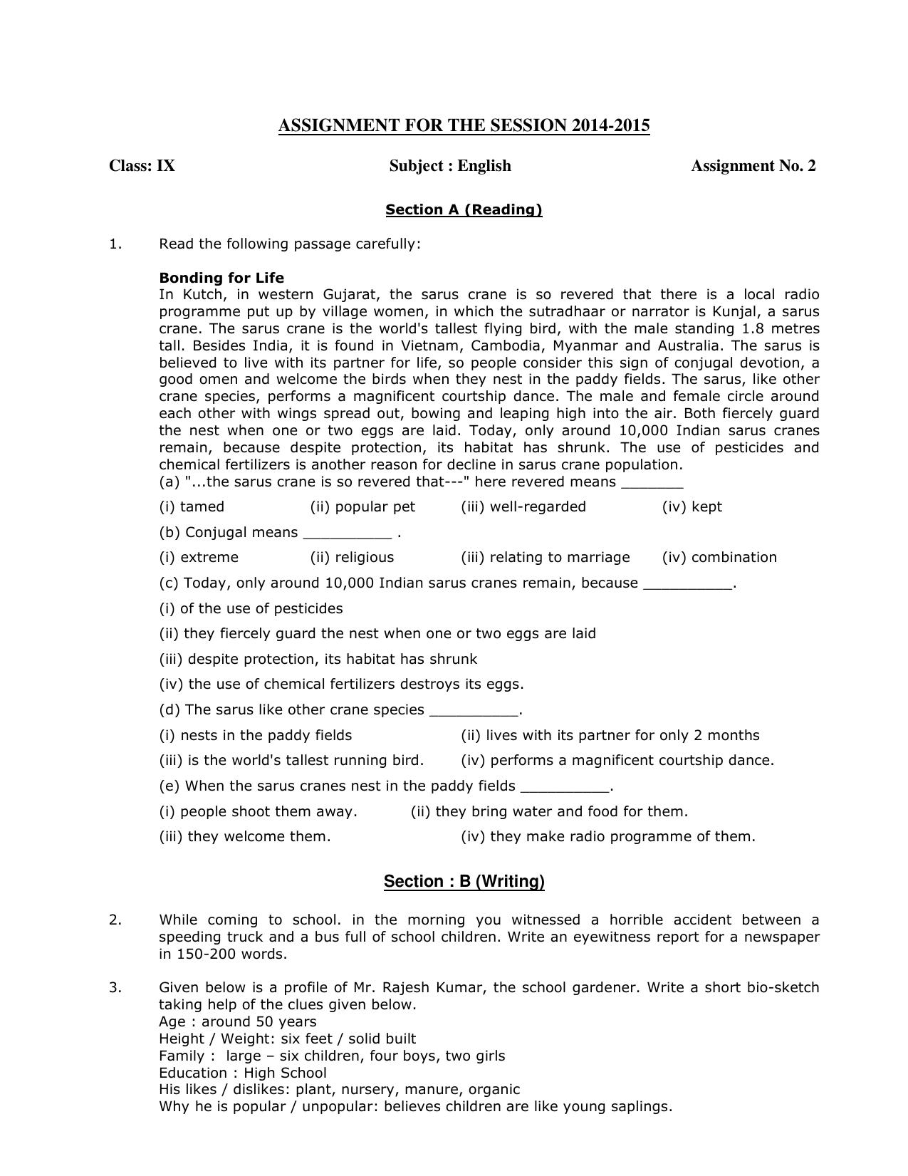 CBSE Worksheets for Class 9 English Assignment 11 - Page 1
