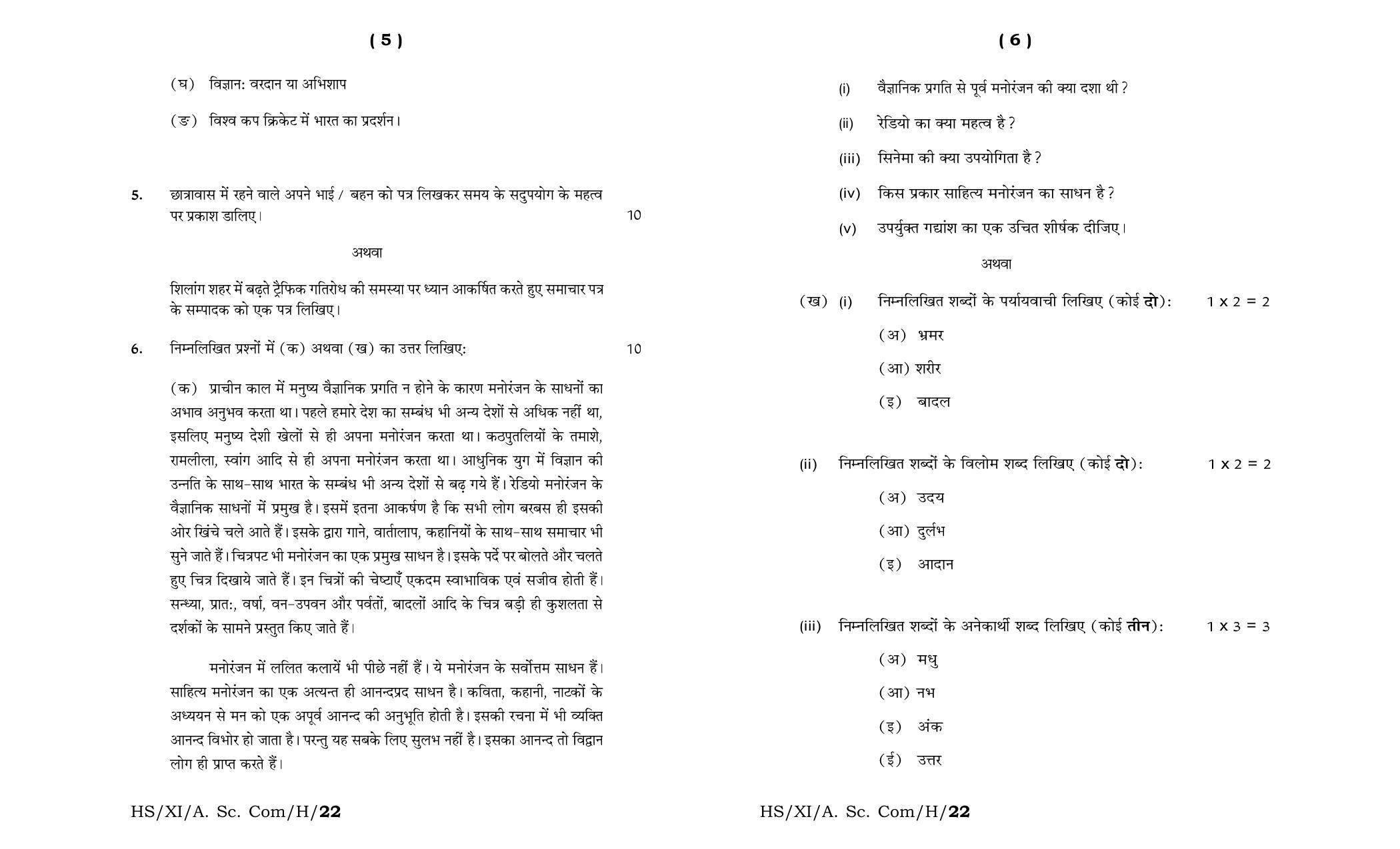 Meghalaya Board (MBOSE) Class 11 Hindi MIL (theory) 2022 Question Paper - Page 3