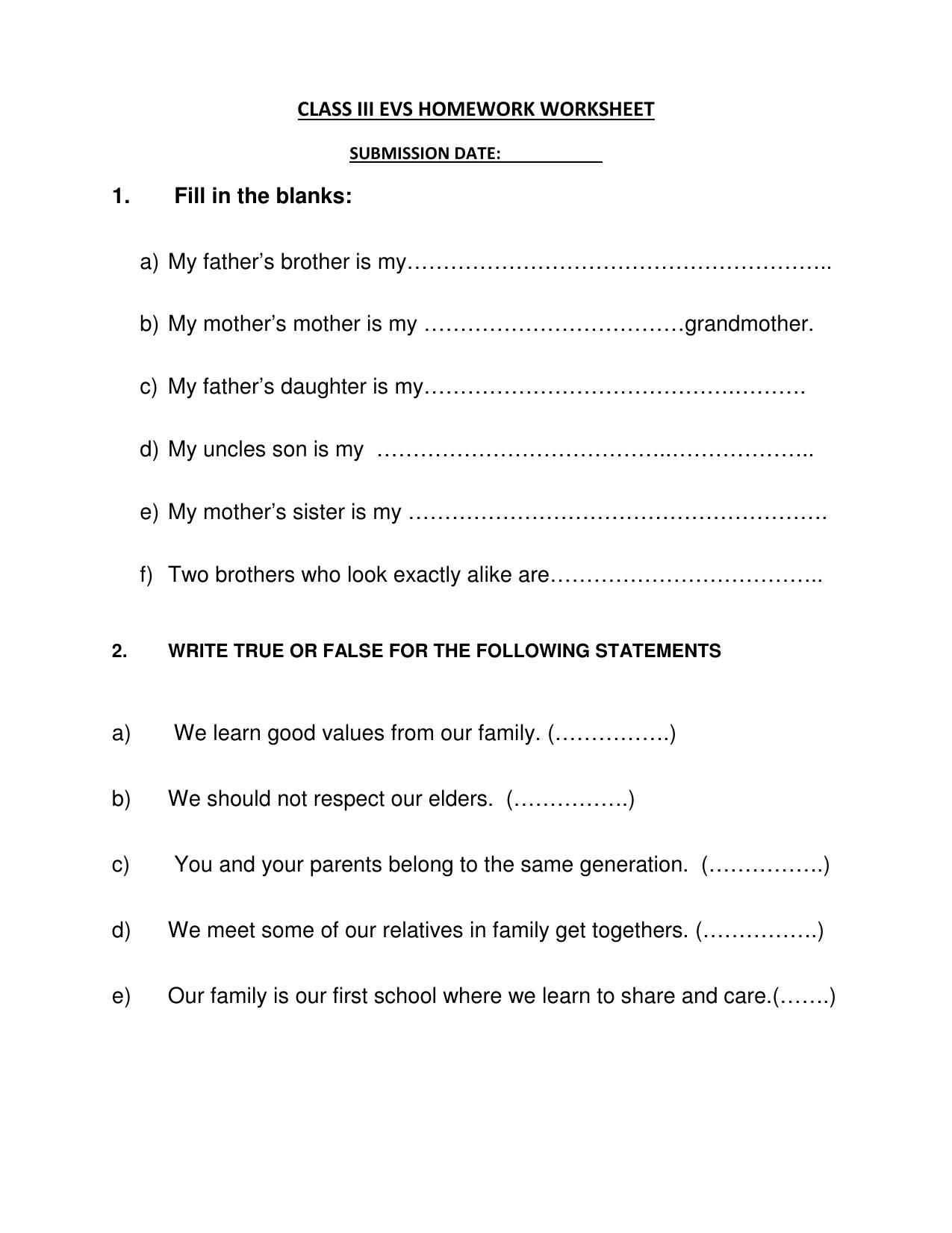 Worksheet for Class 3 EVS Assignment 64 Family - Page 1