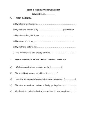 Worksheet for Class 3 EVS Assignment 64 Family