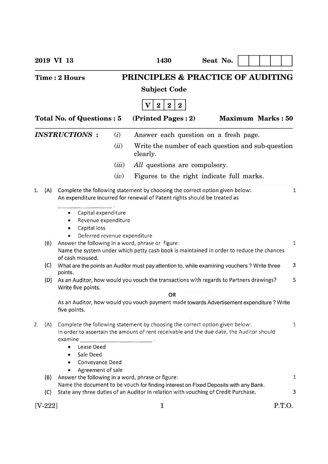 Goa Board Class 12 Accountancy  2019 (June 2019) Question Paper - Page 1