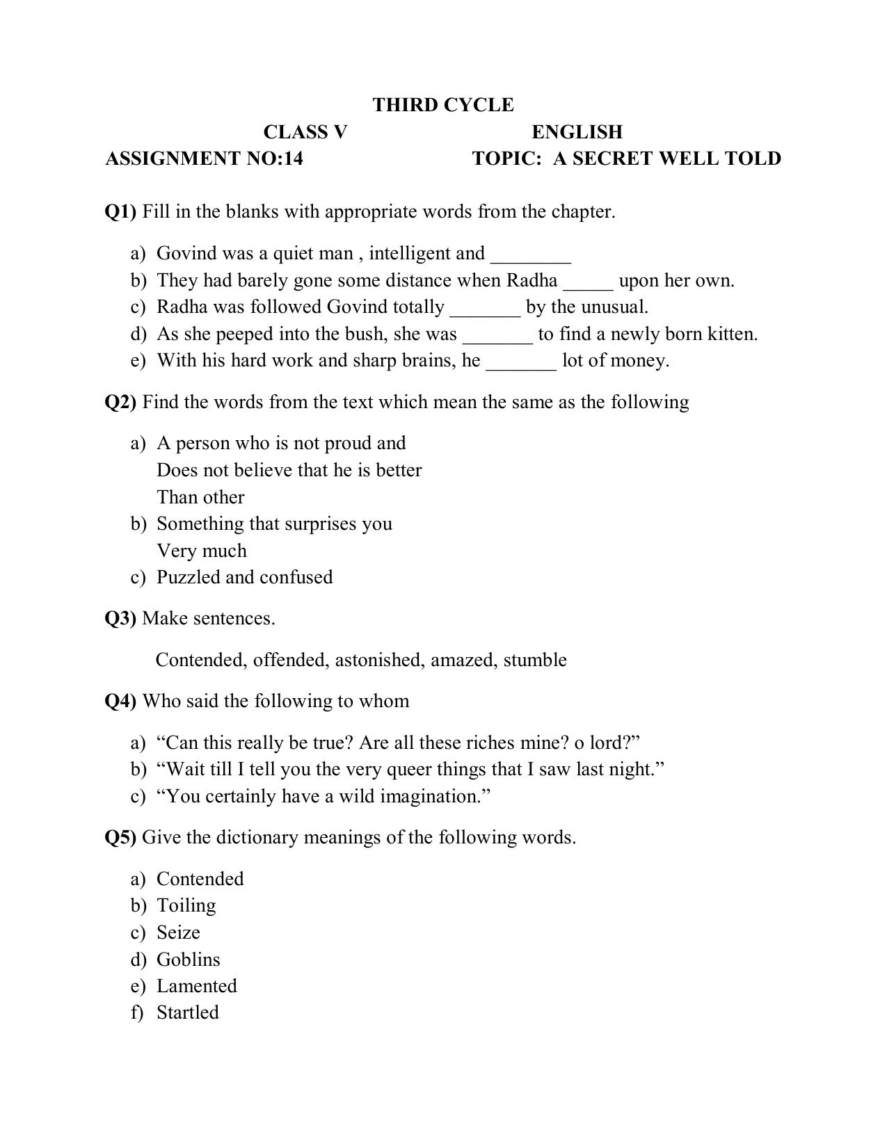 Worksheet for Class 5 English Assignment 27 - Page 1