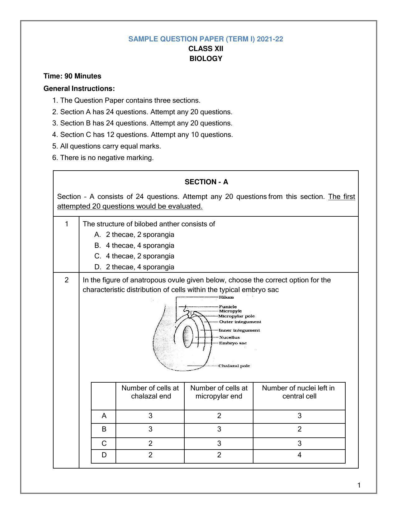CBSE Class 12th Biology Sample Question Paper 2021-22 - Page 1