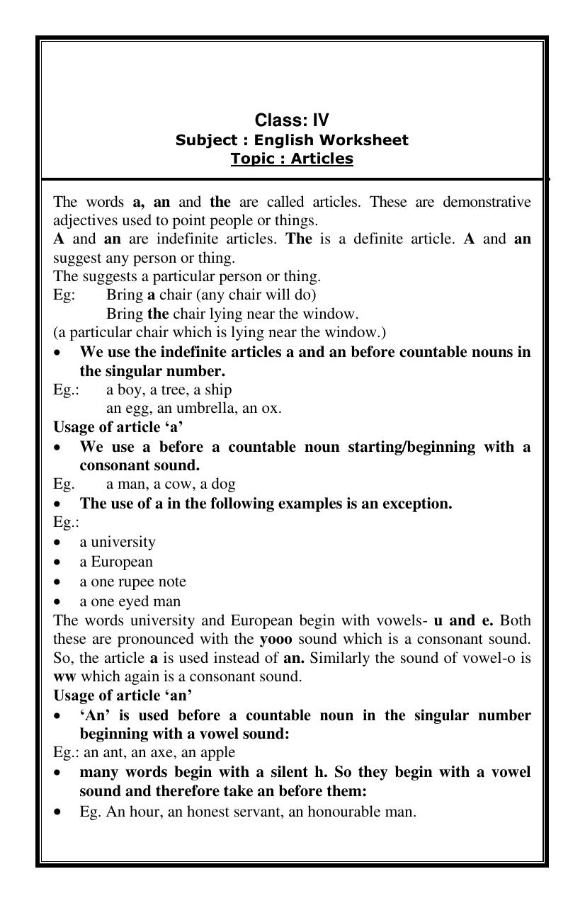 Worksheet for Class 4 English Assignment 37 Articles - Page 1