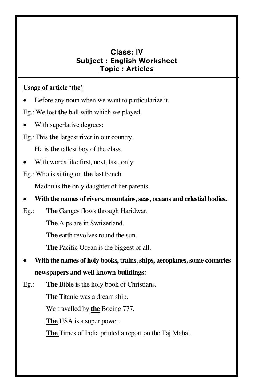 Worksheet for Class 4 English Assignment 37 Articles - Page 2