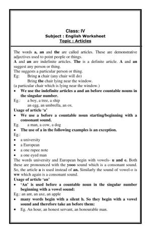 Worksheet for Class 4 English Assignment 37 Articles