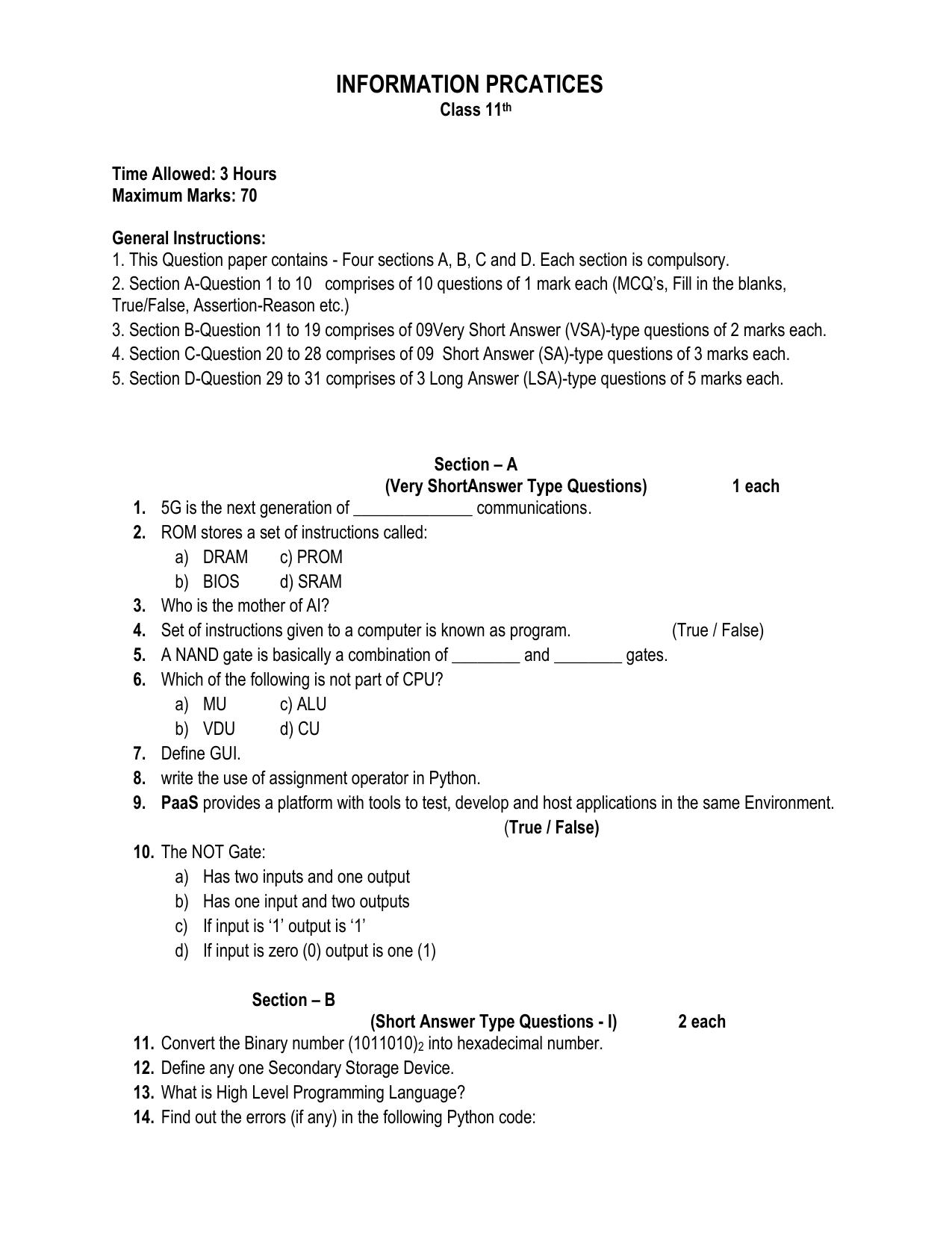 JKBOSE Class 11 INFORMATION PRACTICE Model Question Paper - Page 1