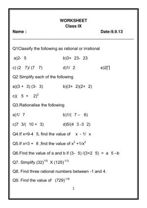 CBSE Worksheets for Class 9 Mathematics Assignment 2