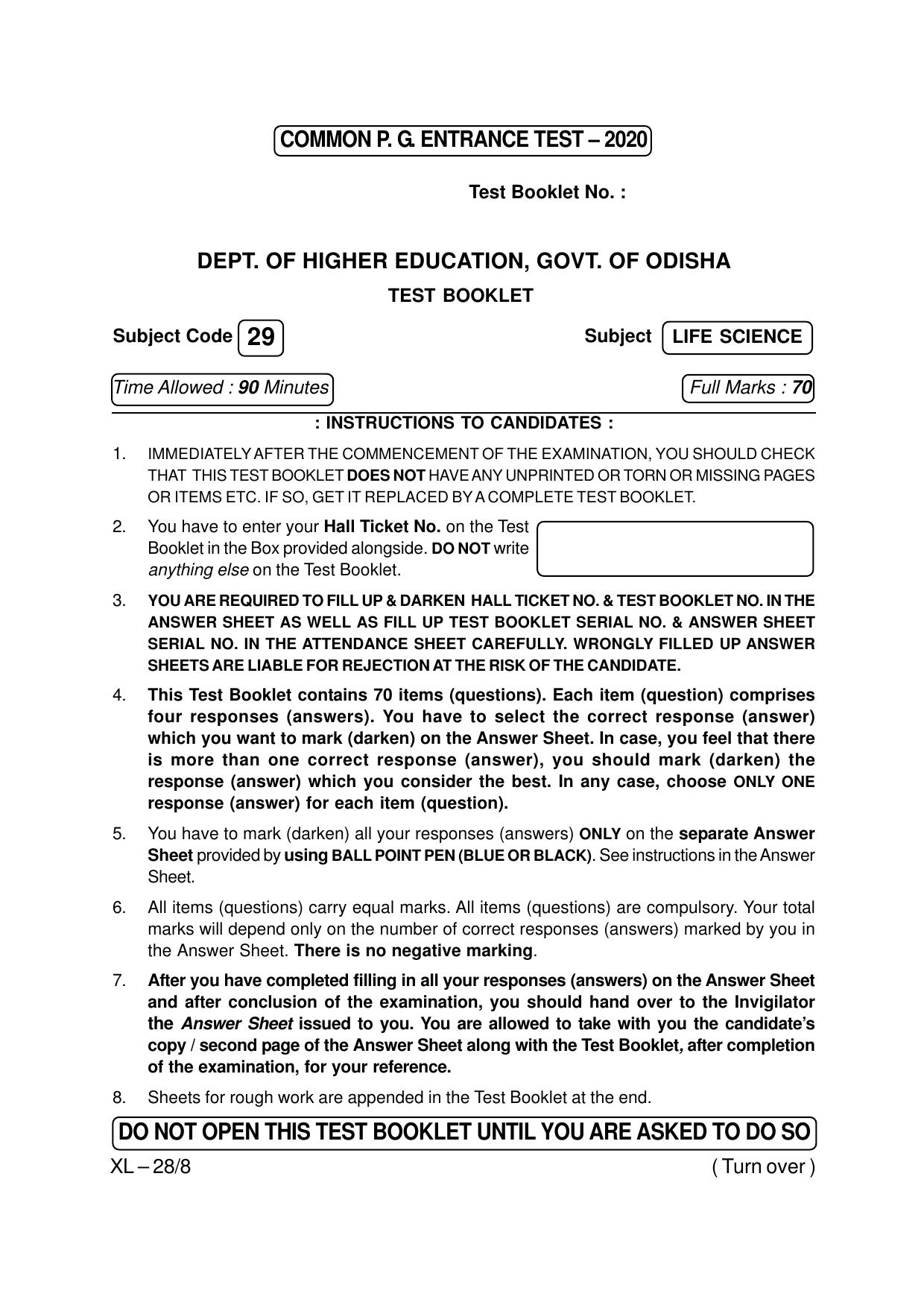 Odisha CPET LIFE SCIENCE 2020 Question Paper - Page 1