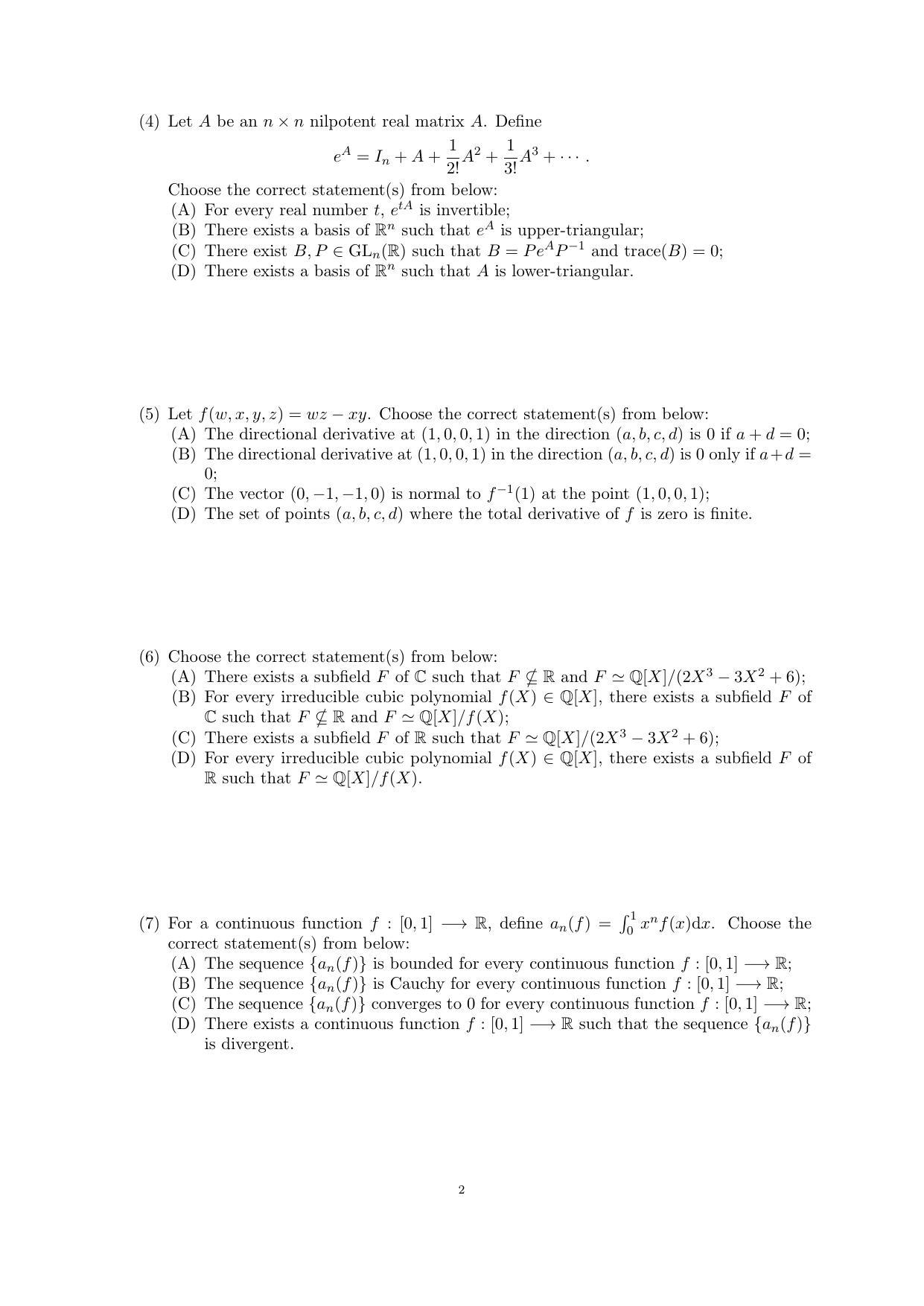 CMI Entrance Exam 2018 Question Paper MSc/PhD Mathematics - Page 4