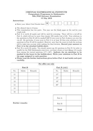 CMI Entrance Exam 2018 Question Paper MSc/PhD Mathematics