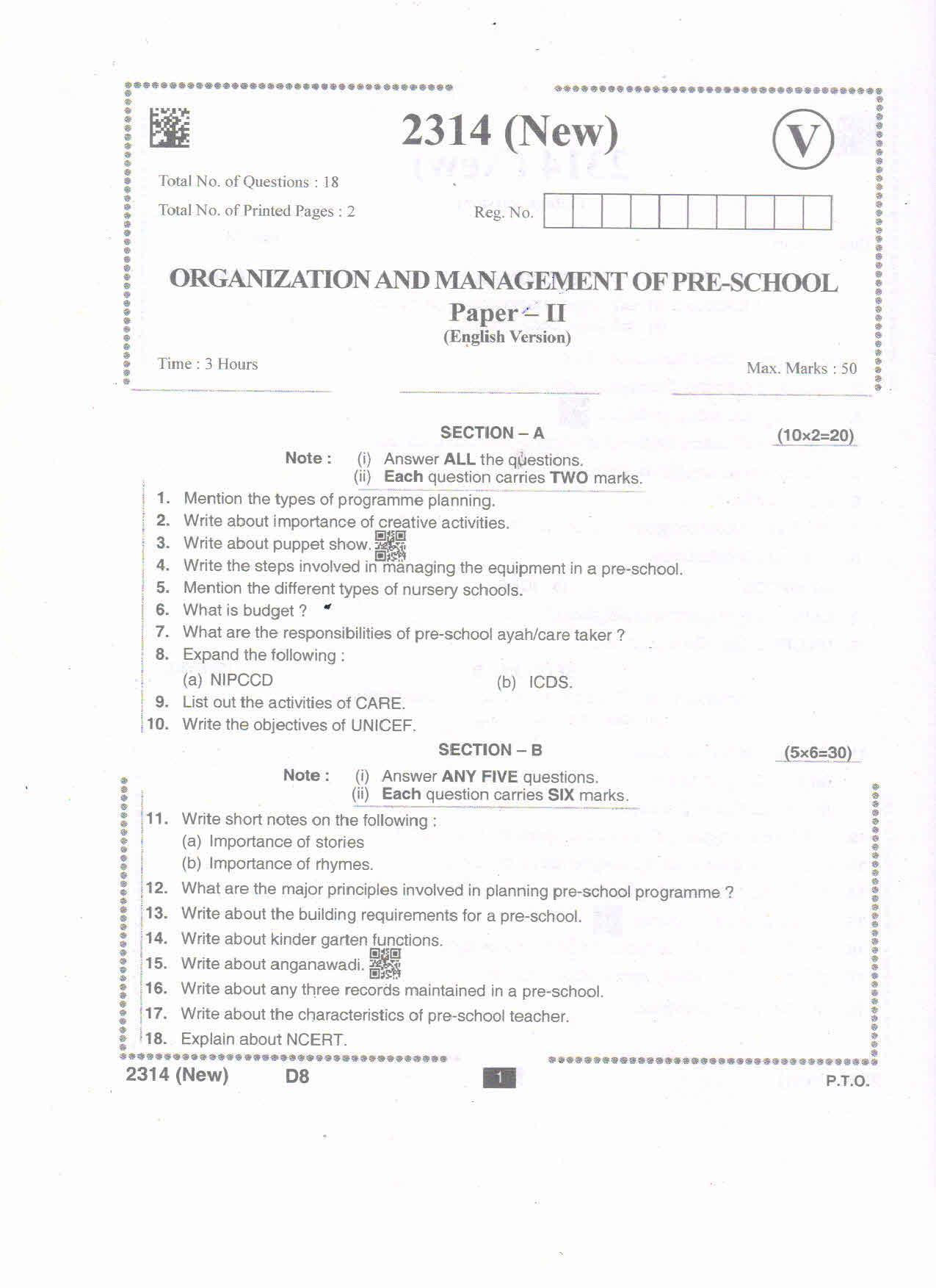 AP Intermediate 2nd Year Vocational Question Paper September-2021 - Organization&Management_of_Pre-School-II - Page 1