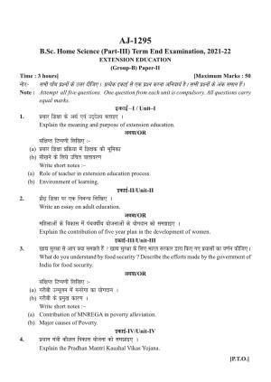Bilaspur University Question Paper 2021-2022:B.Sc. Home Science Part-III  Group II : II Extension Education Paper 2