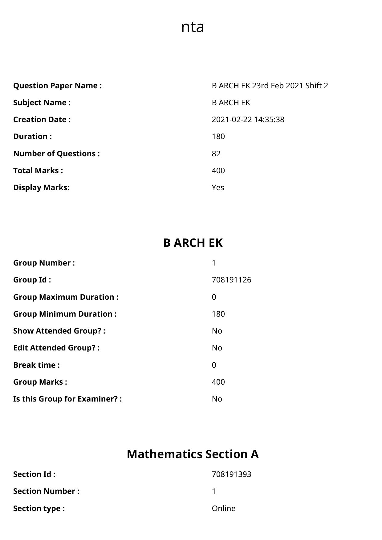 JEE Mains 2021: B.Arch Kannada	(Shift 2) 23-02-2021 Question Paper - Page 1