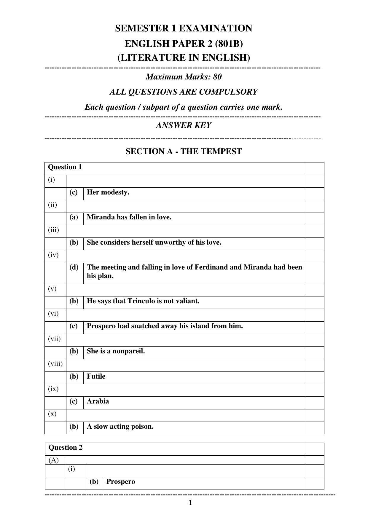 SEMESTER 1 EXAMINATION ENGLISH PAPER 2 (801B) (LITERATURE IN ENGLISH) - Page 1