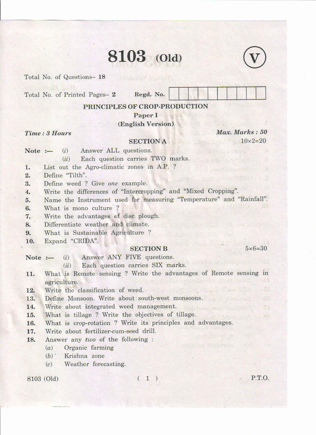 AP Inter 1st Year Principles of Crop Production-I (Old) May-2019-Vocational Question Paper - Page 1