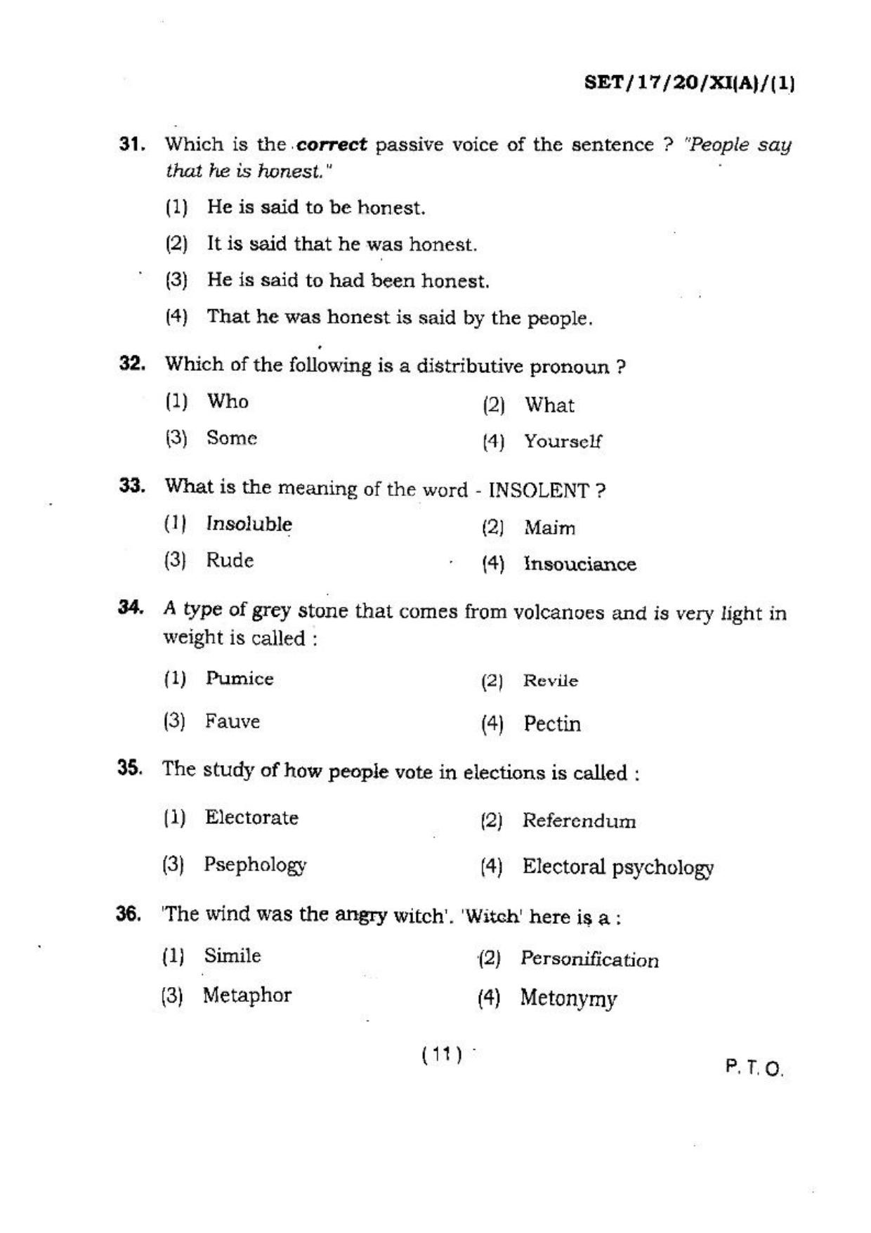 BHU SET 2017 Class XI Arts & Commerce (Set 1) Question Paper - Page 11